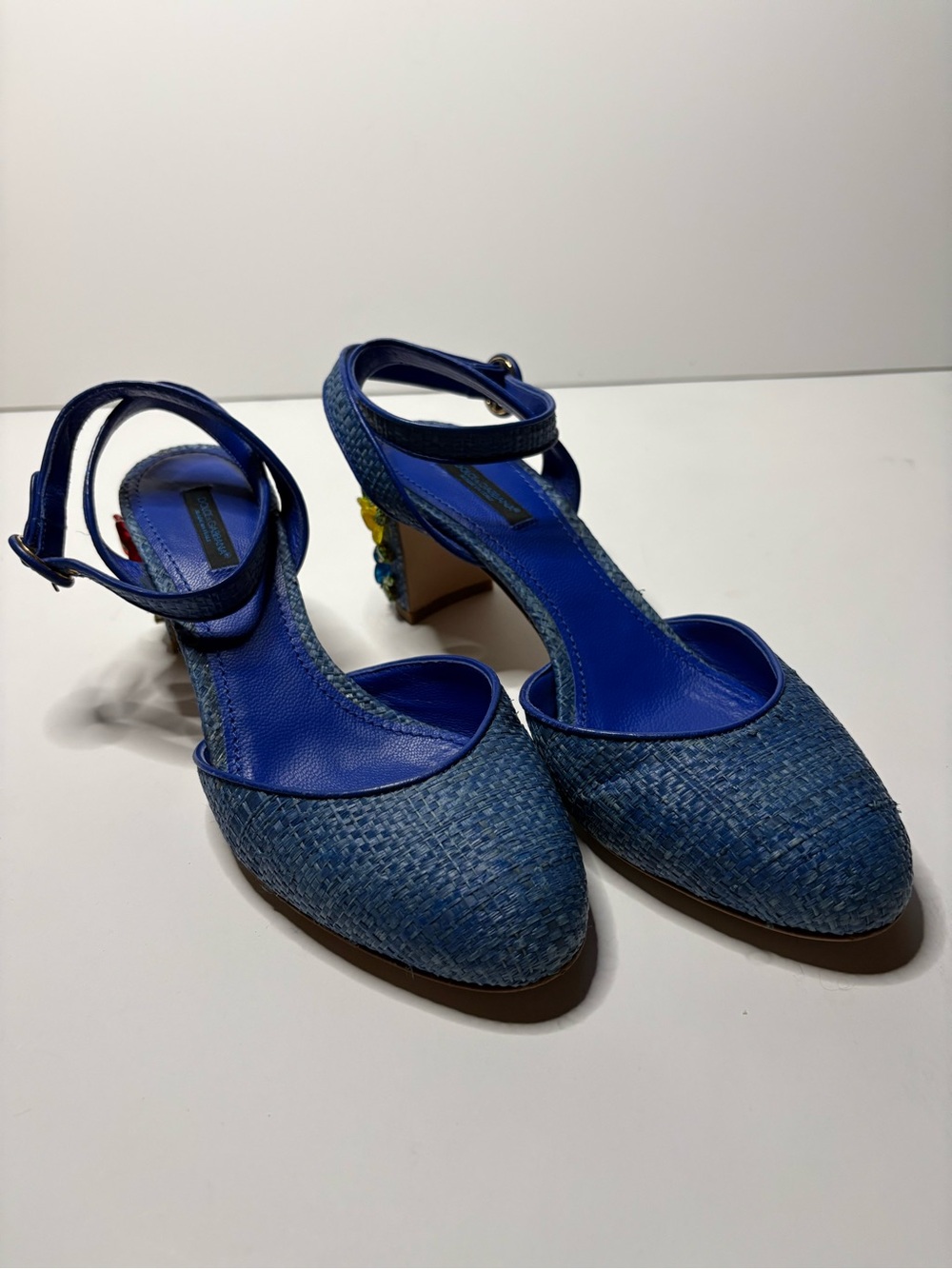 Blue Woven Ankle-Strap Pump with Decorative Heel